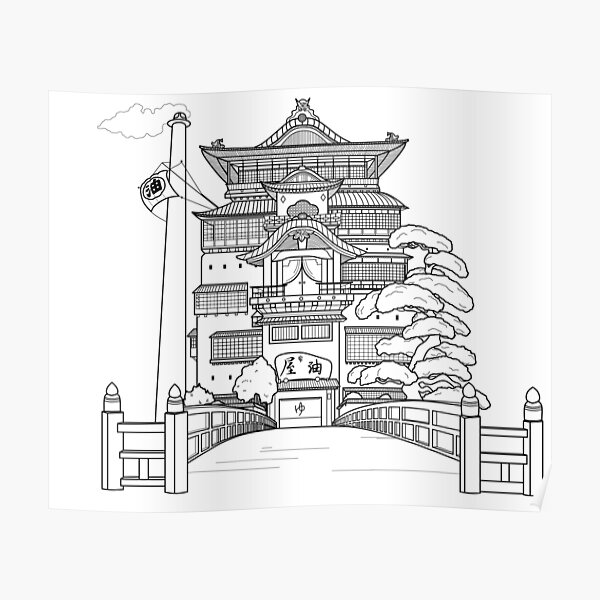 Spirited away bathhouse but a simple line drawing poster rb