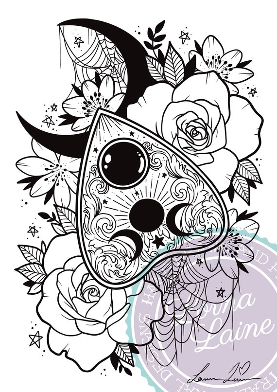 Spiritual colouring page digital download tattoo design planchette design adult colouring gothic art witchy art