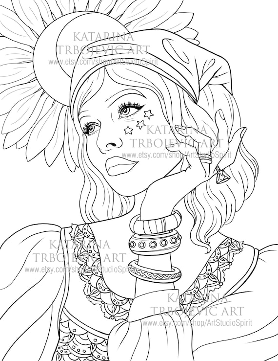 Adult coloring page bohemian woman portrait hippie vibes printable coloring page instant download jpeg pdf