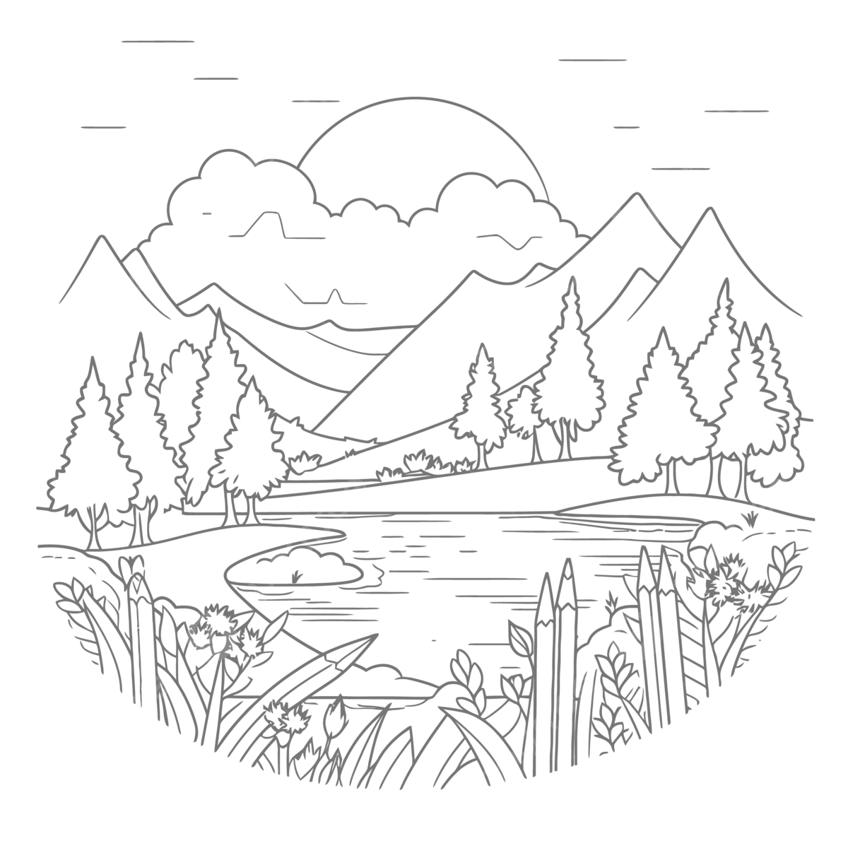 Coloring page with mountains and trees by the lake and river outline sketch drawing vector tree drawing mountain drawing lake drawing png and vector with transparent background for free download