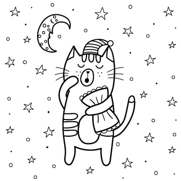 Premium vector sleeping cat coloring page good night coloring book with moon and stars sweet dreams vector illustration