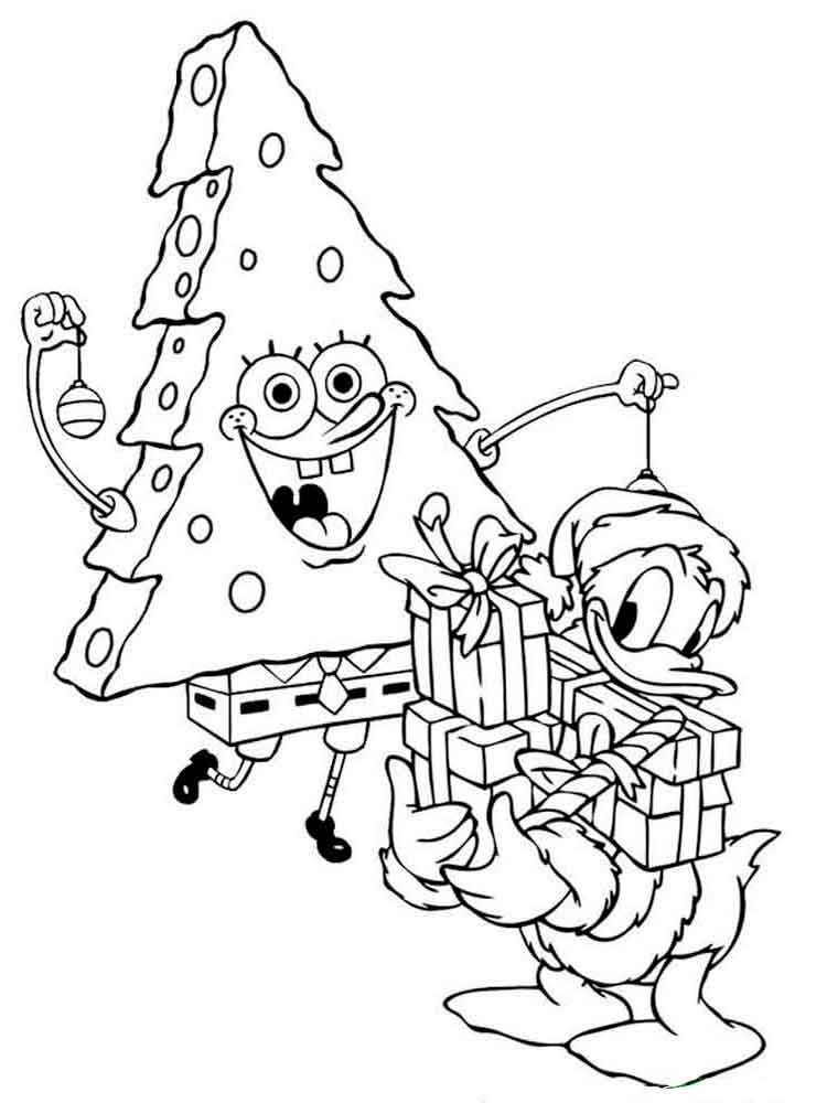 Sponge bob with donald duck and gifts coloring page