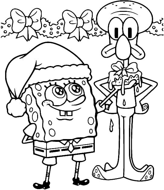 Cute christmas spongebob and squidward coloring page