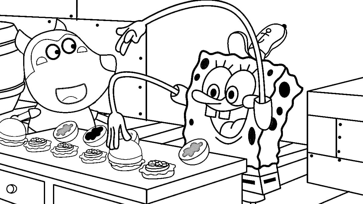 Wolfoo and spongebob coloring page