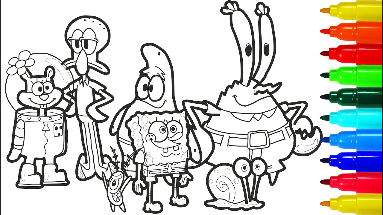 Spongebob on a walk with friends coloring pages