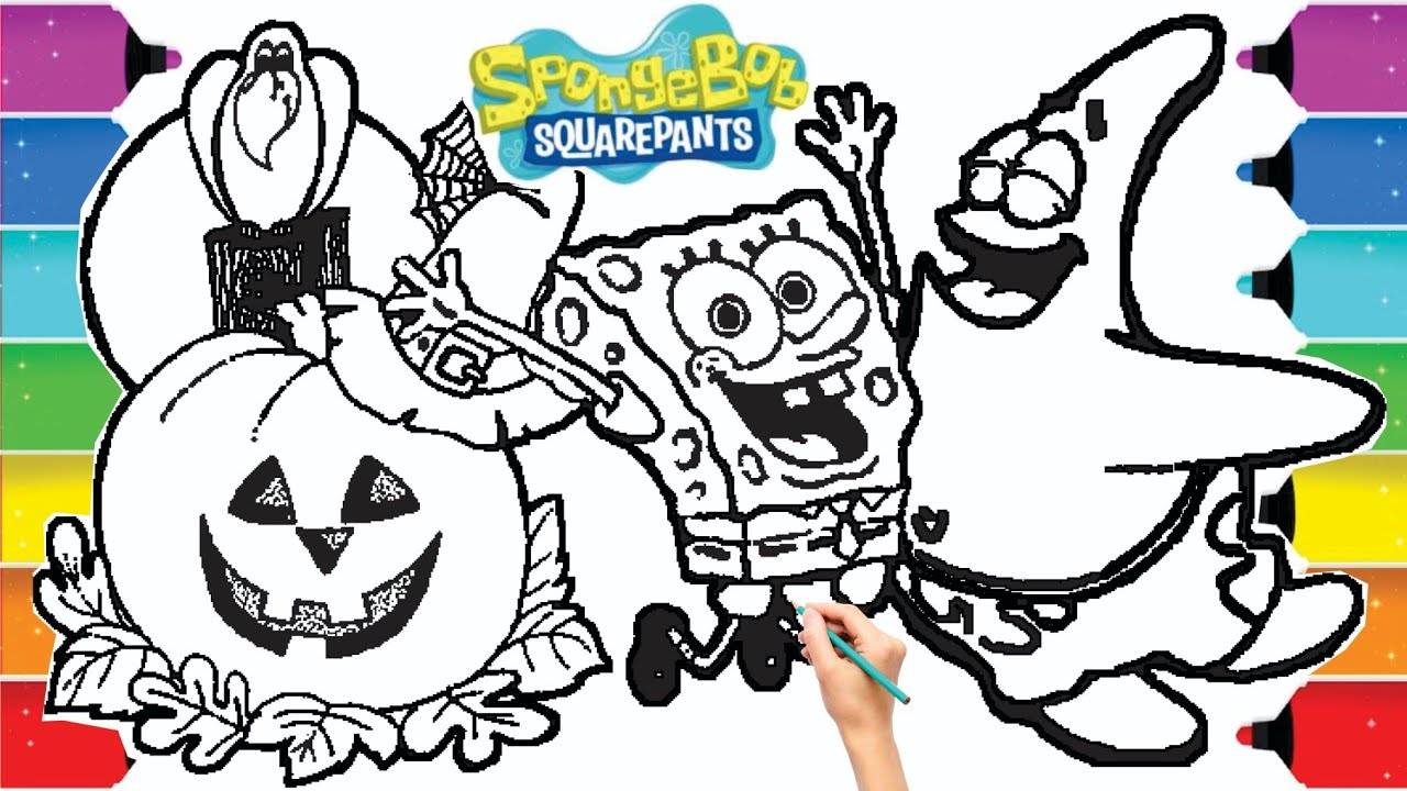 Spongebob and patrick celebrate halloween coloring pages learn colors for kids