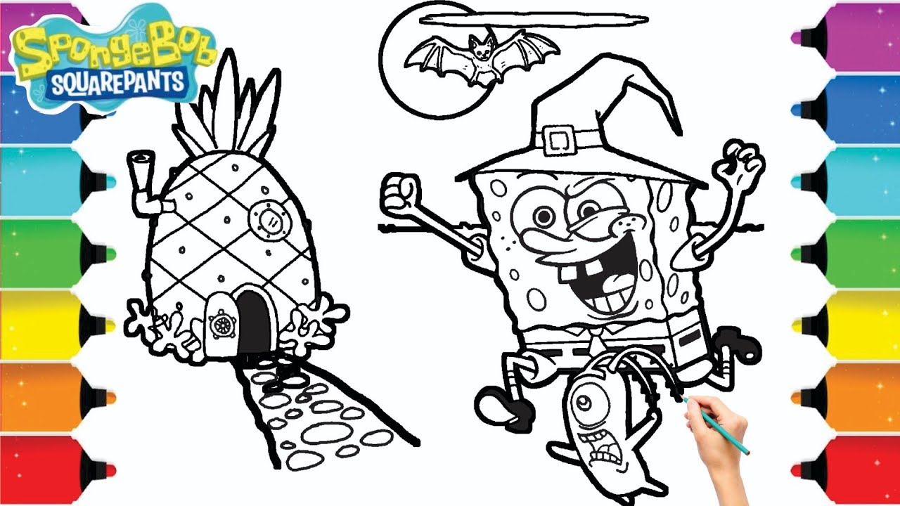 Spongebob and plankton celebrate halloween coloring pages learn colors for kids