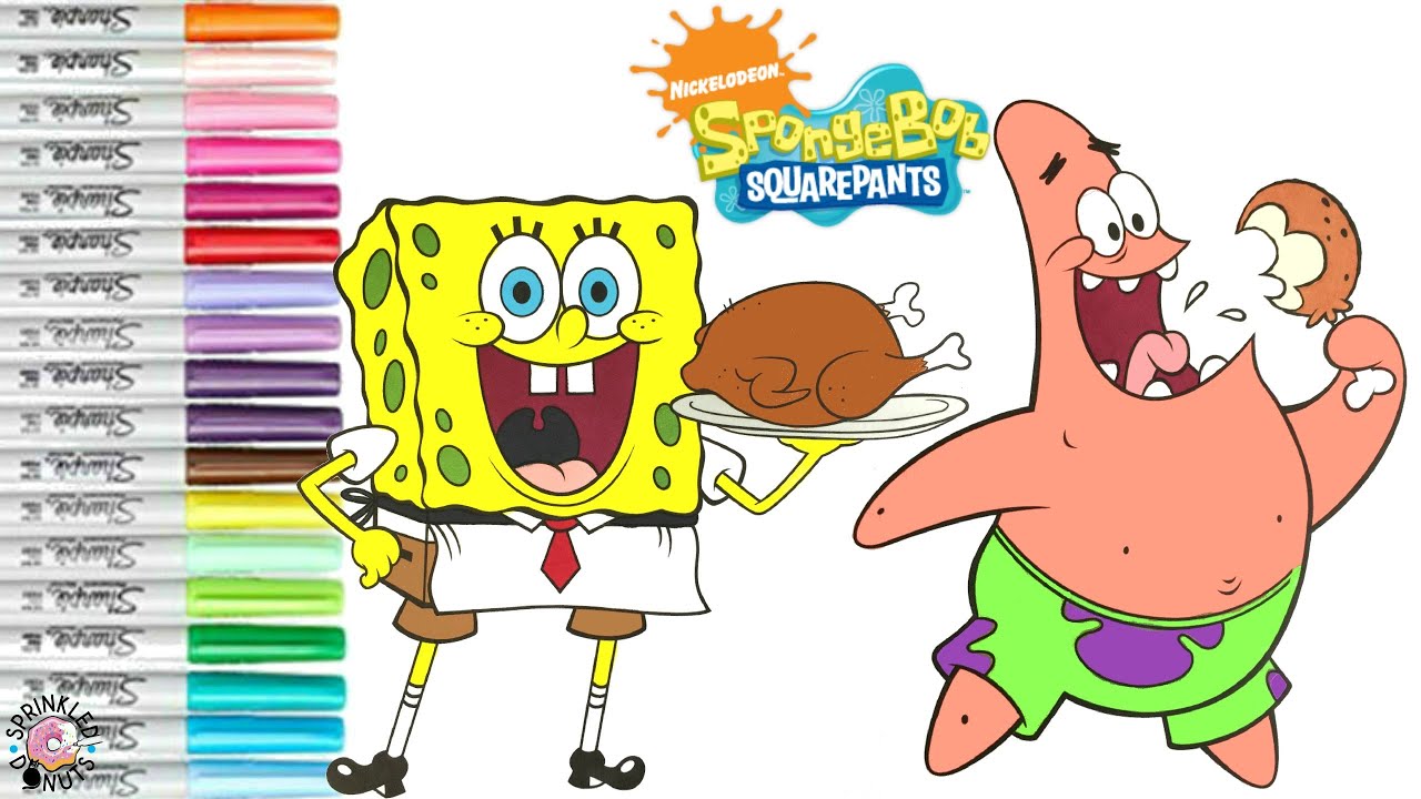 Spongebob squarepants coloring book page thanksgiving turkey patrick star sprinkled donuts