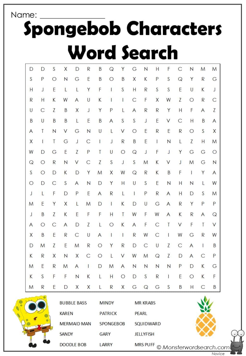 Spongebob characters word search character words spongebob word find