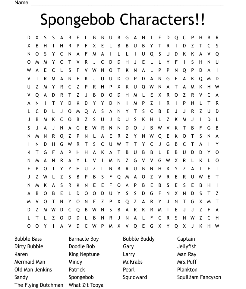 Spongebob characters word search