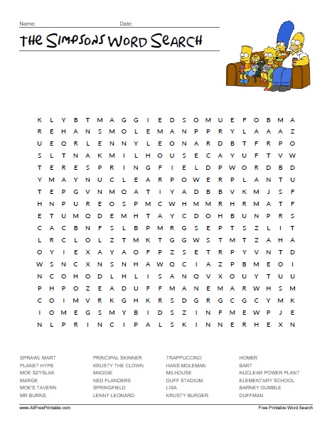 The simpsons word search â free printable