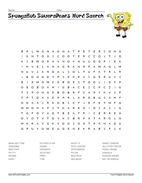 Spongebob squarepants word search â free printable