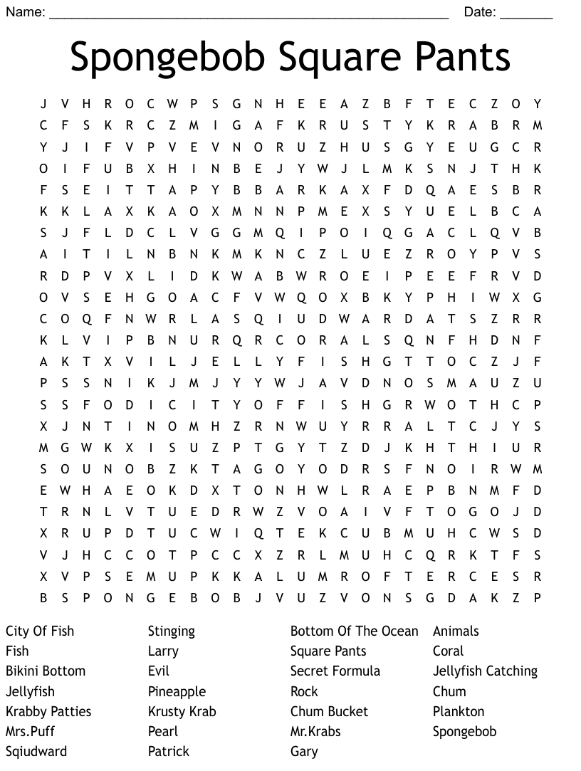 Spongebob square pants word search