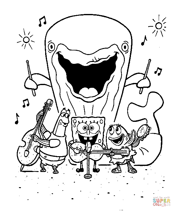 Spongebob and his friends are singing and playing music instruments a whale behind them plays the drums coloring page free printable coloring pages