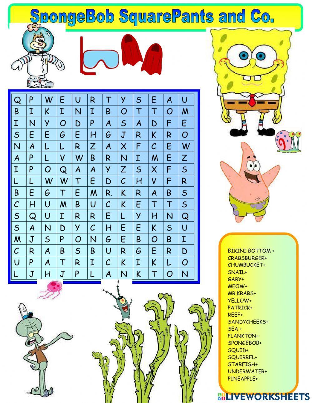 Sponge bob wordsearch worksheet live worksheets