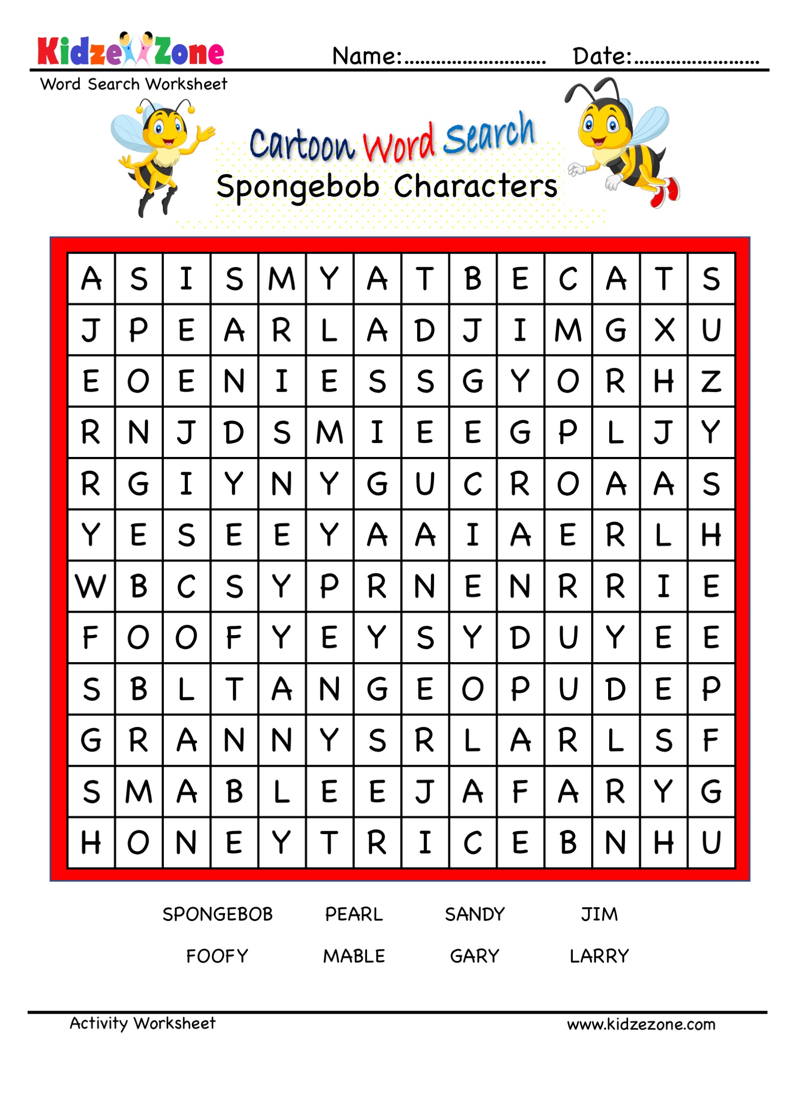 Spongebob character search worksheet