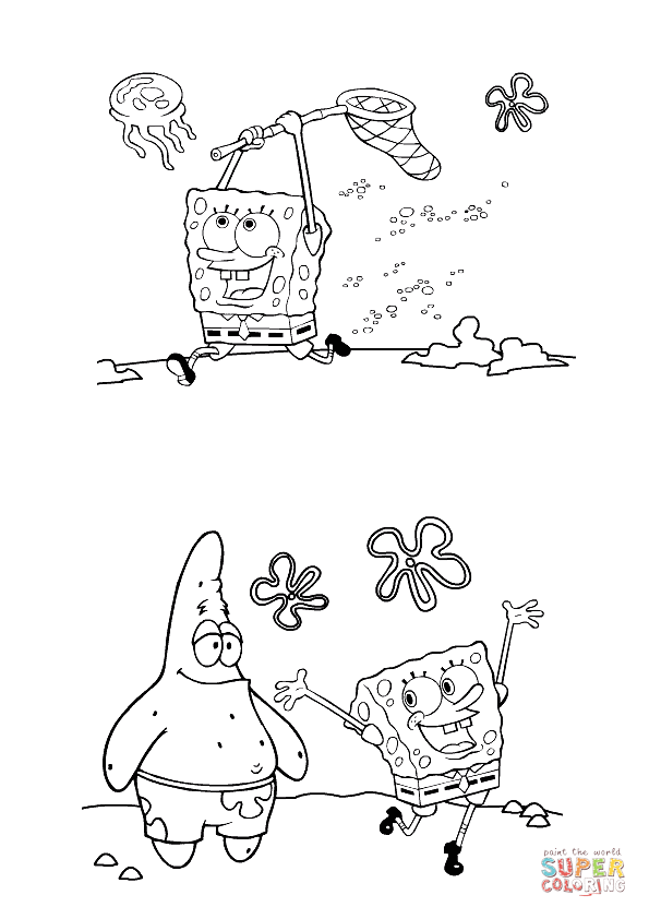 Spongebob is catching a jellyfish coloring page free printable coloring pages