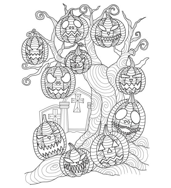 Hand drawn halloween pumpkin on the dead tree for adult coloring page stock illustration