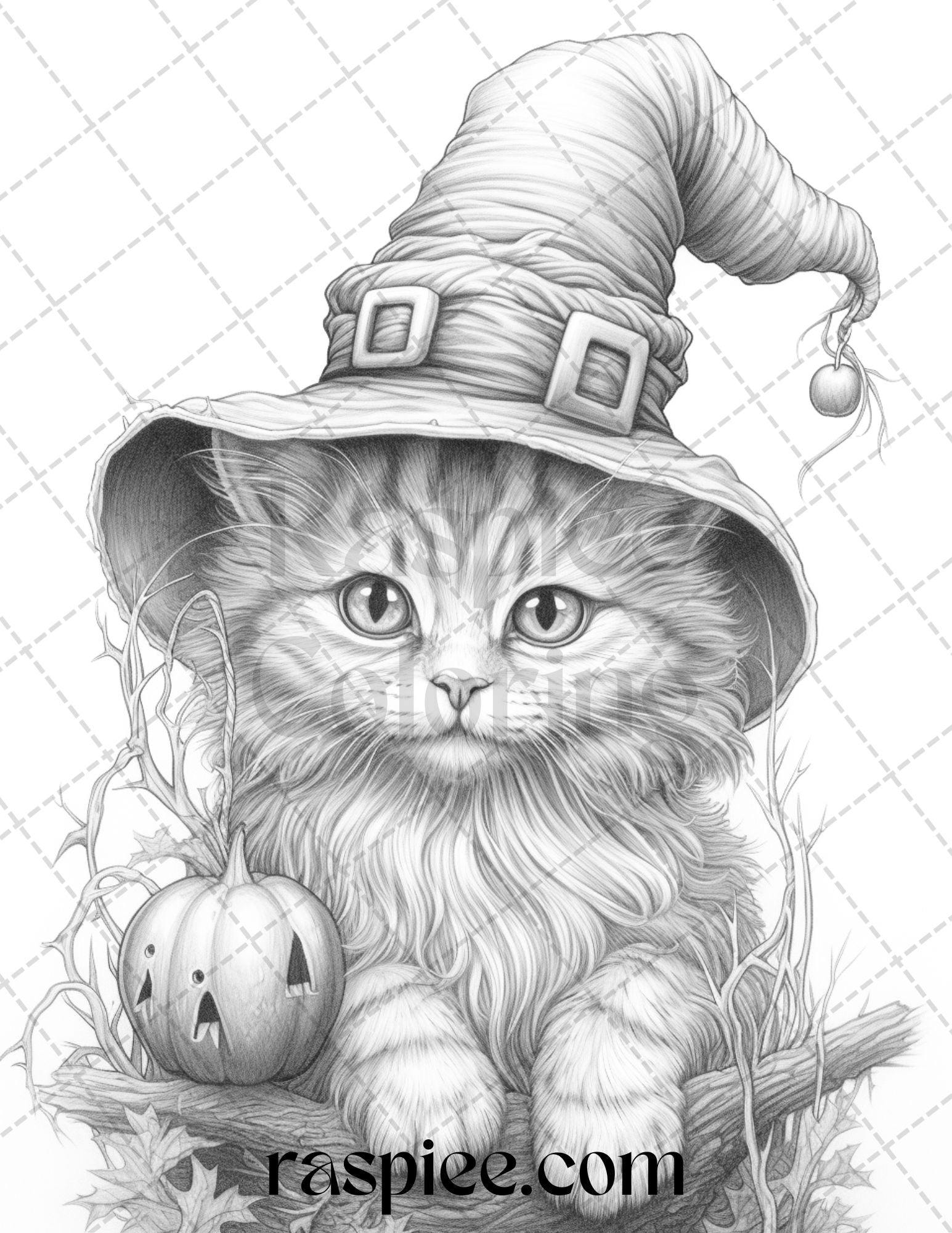 Halloween witch cat grayscale coloring pages printable for adults â coloring