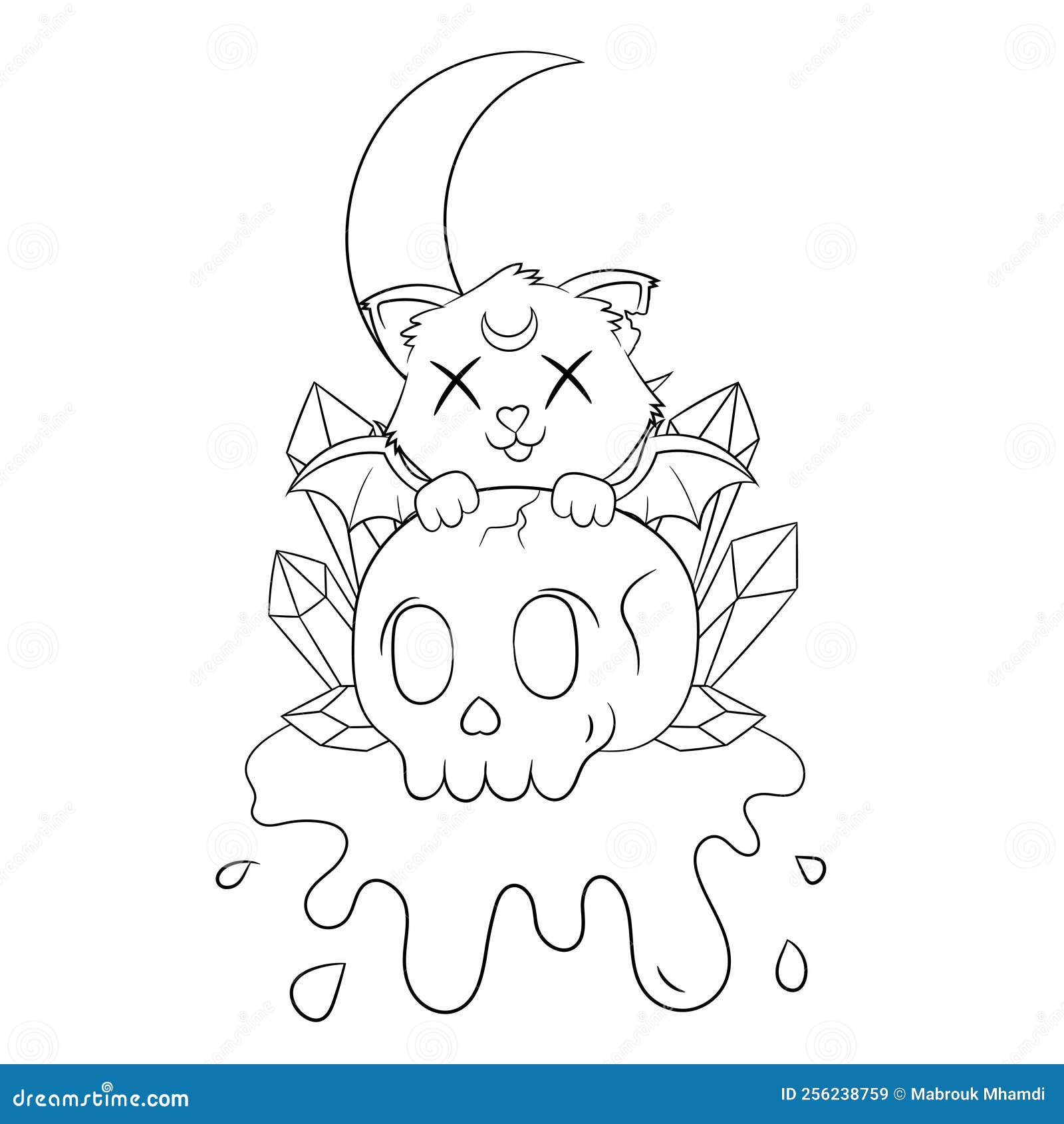 Cute creepy pastel goth kawaii cat coloring page stock vector