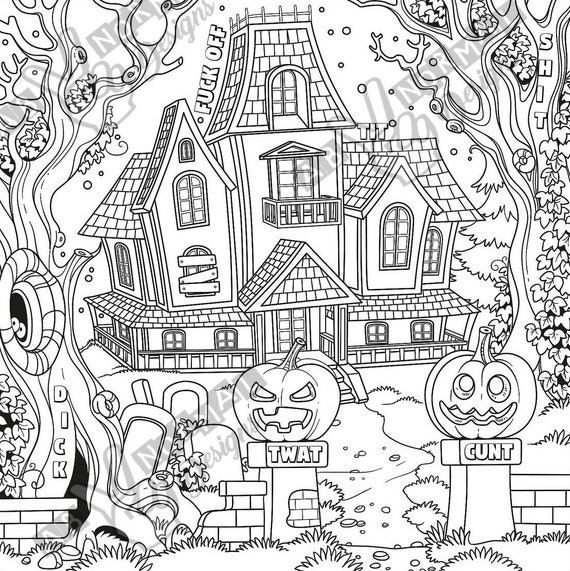 Funny adult haunted house coloring page