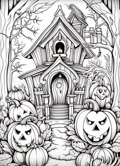 Spooky and cute halloween adult coloring page