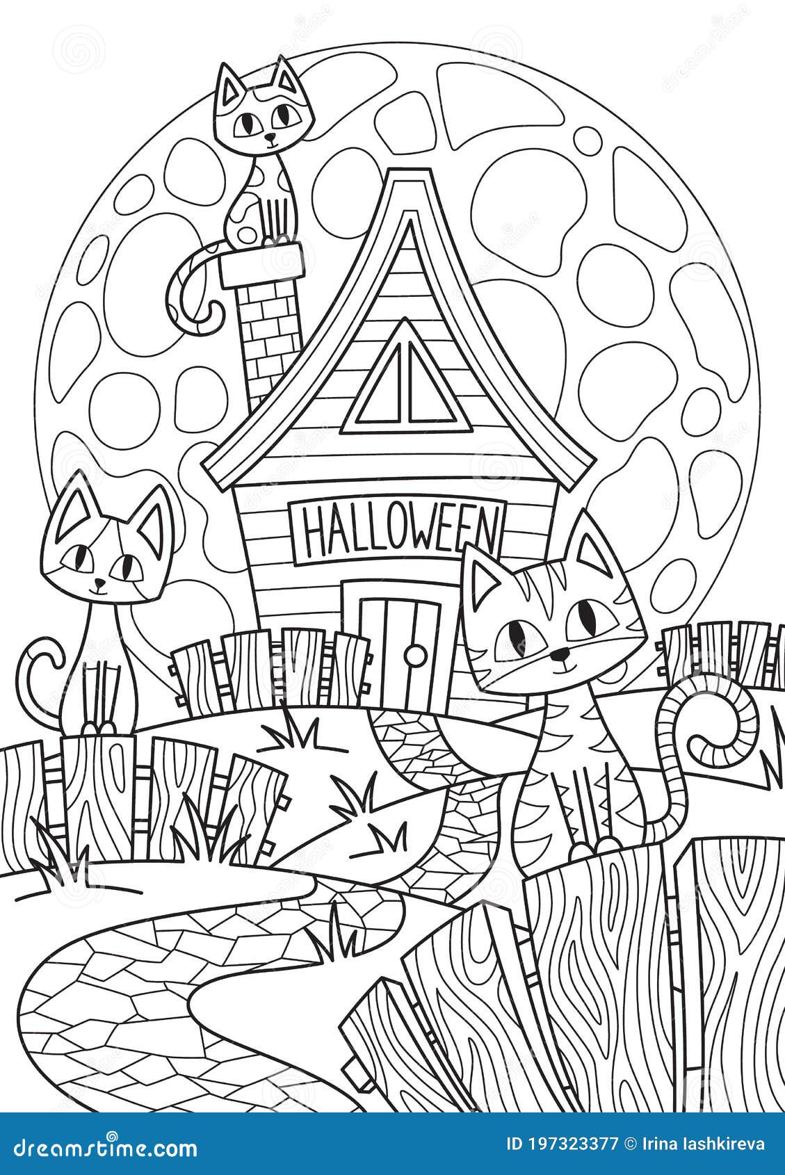 Doodle halloween coloring book page spooky house and cats on full moon antistress for adults and children in zentangle style stock illustration