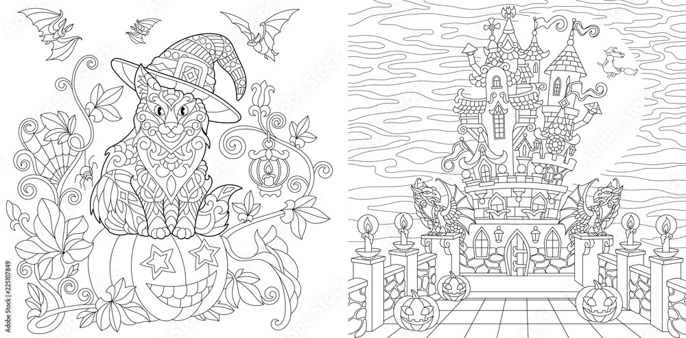 Halloween coloring pages with cat on pumpkin bats horror spooky castle at night vector