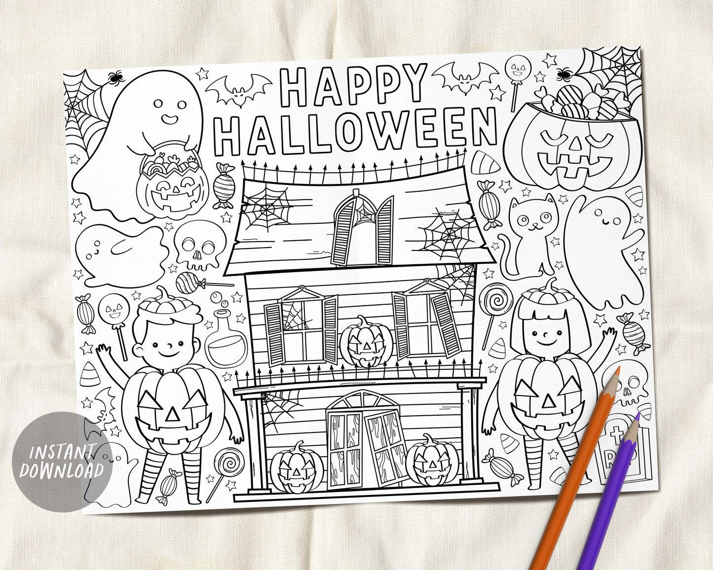 Halloween coloring page placemat for kids cute spooky halloween fall â puff paper co