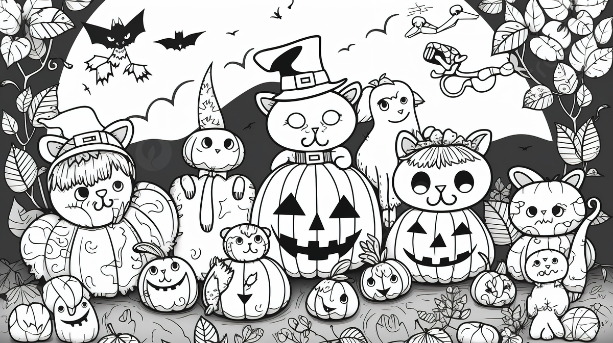 Black and white spooky halloween coloring page with kids background halloween coloring picture halloween powerpoint halloween background image and wallpaper for free download