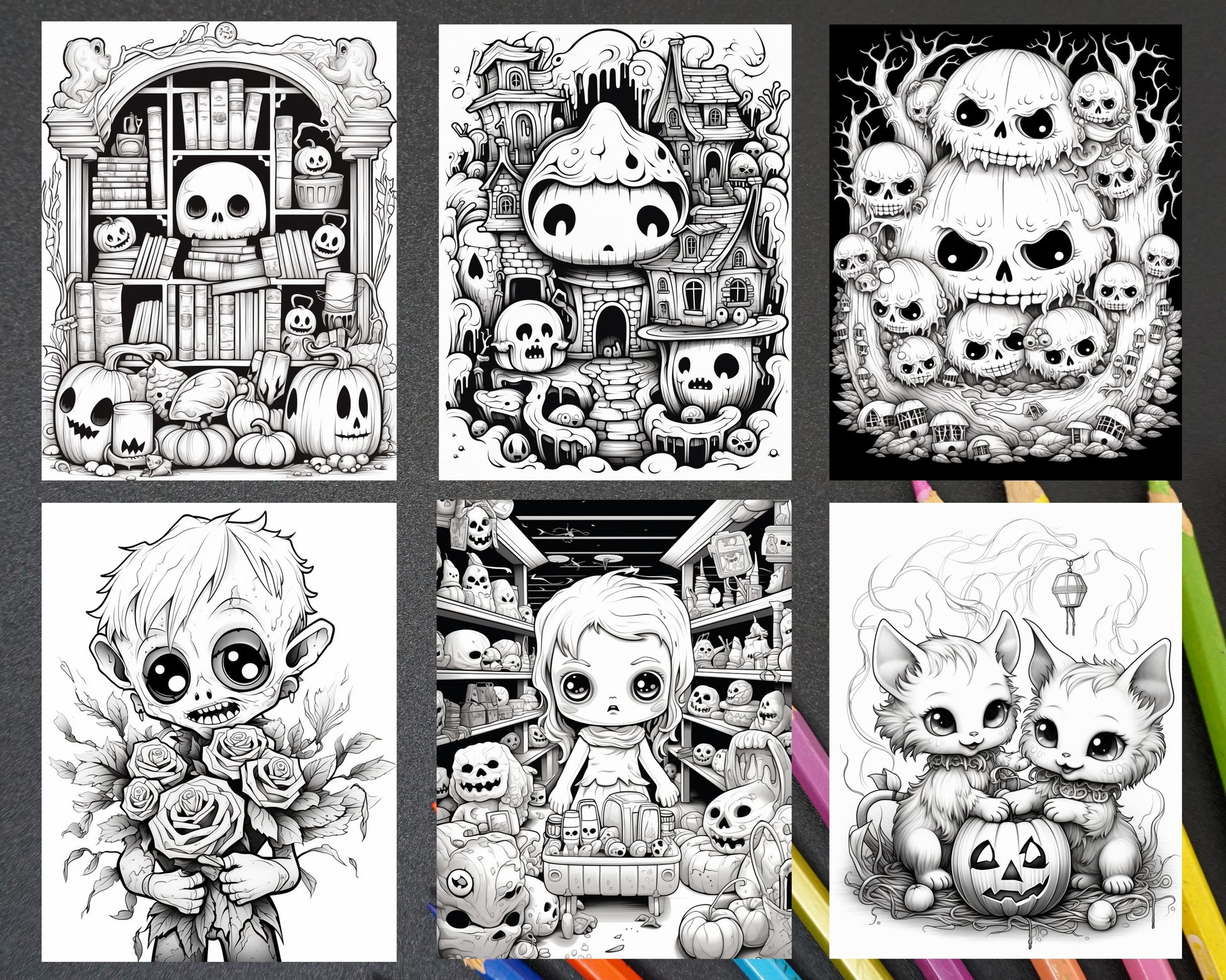 Halloween creepy kawaii grayscale coloring pages for adults and kid â coloring