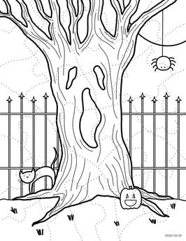 Haunted tree coloring puzzle pages