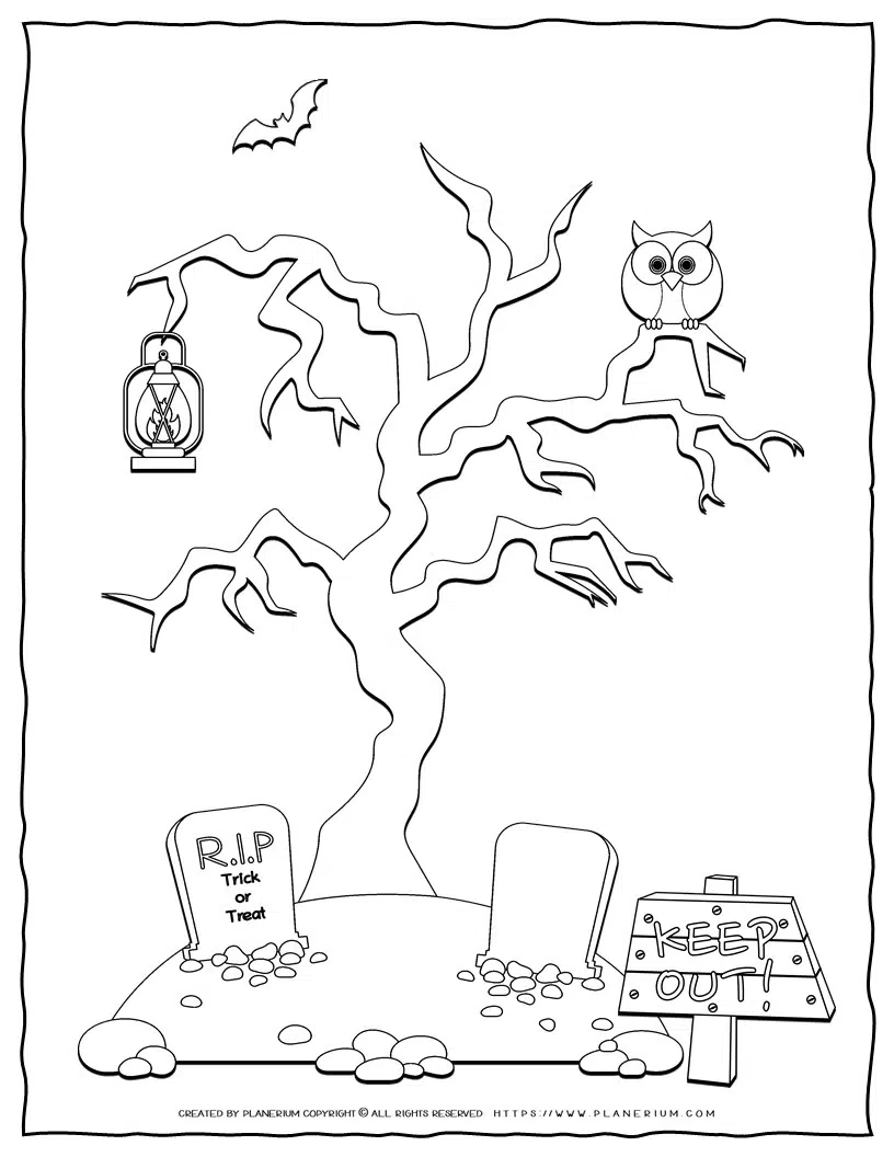 Hunted tree scene coloring page