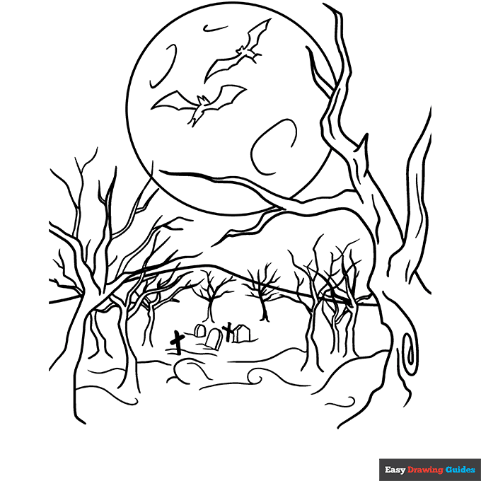 Spooky forest coloring page easy drawing guides