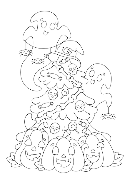 Premium vector ghosts and pumpkins decorate the halloween tree coloring book page for kids