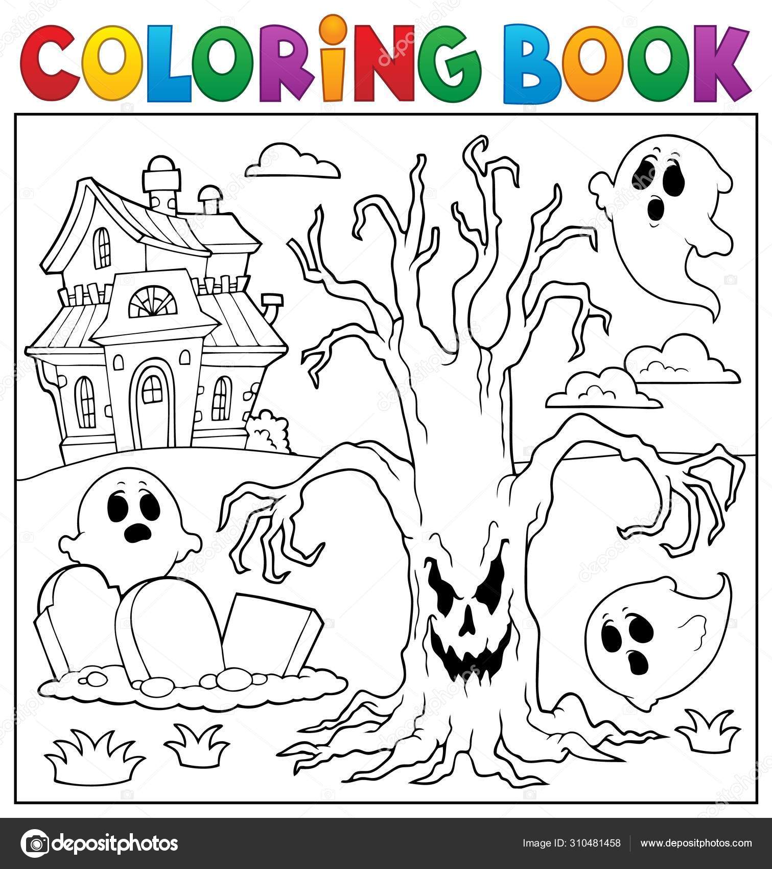 Coloring book spooky tree thematics stock vector by clairev