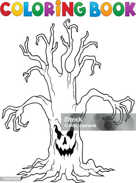 Coloring book spooky tree thematics stock illustration