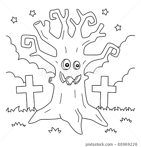 Scary tree halloween coloring page for kids