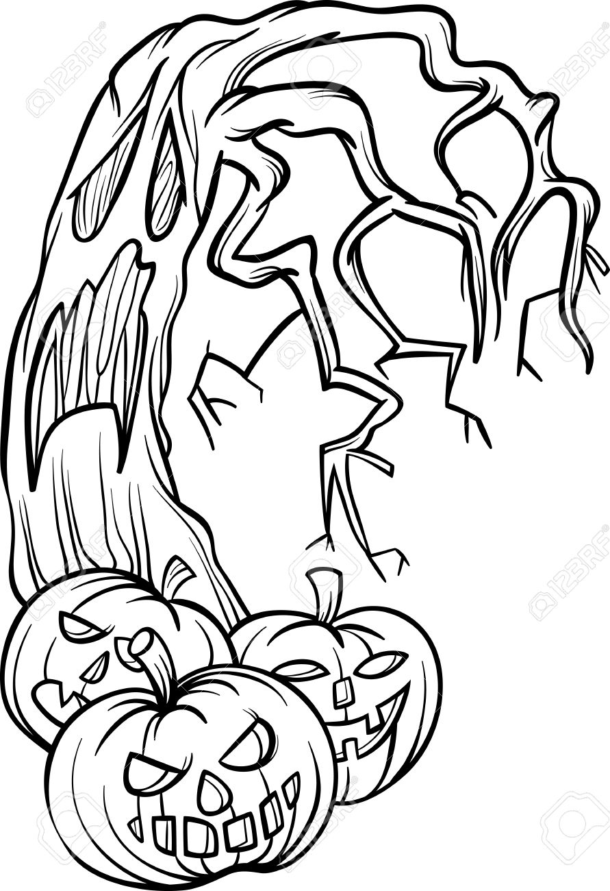 Black and white cartoon illustration of halloween pumpkins with spooky tree for coloring book royalty free svg cliparts vectors and stock illustration image