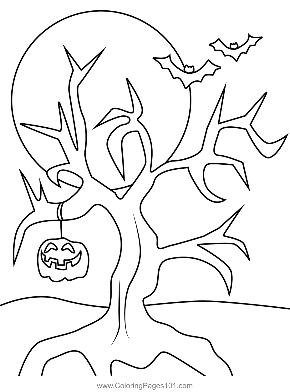 Pumpkin hanging on tree coloring page for kids