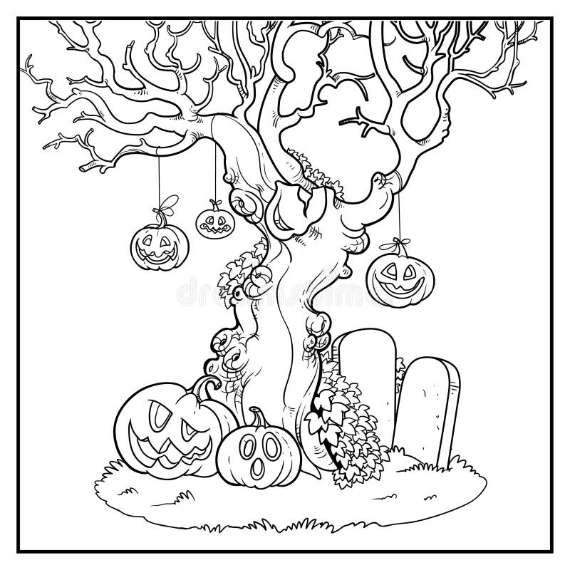 Scary old tree with tied pumpkins near tombstones linear drawing for coloring stock vector