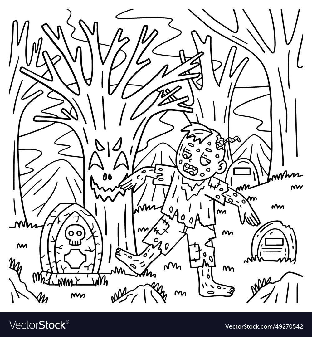 Zombie under a spooky tree coloring pages for kids