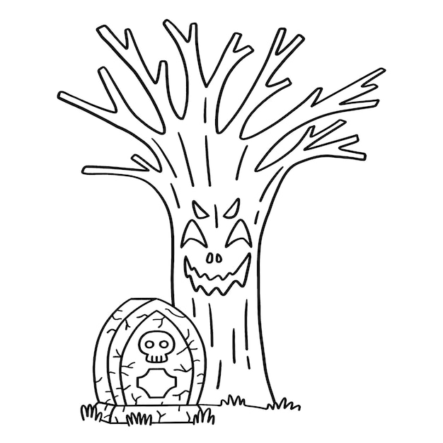 Premium vector a cute and funny coloring page of a spooky tree and tomb provides hours of coloring fun for children to color this page is very easy suitable for little