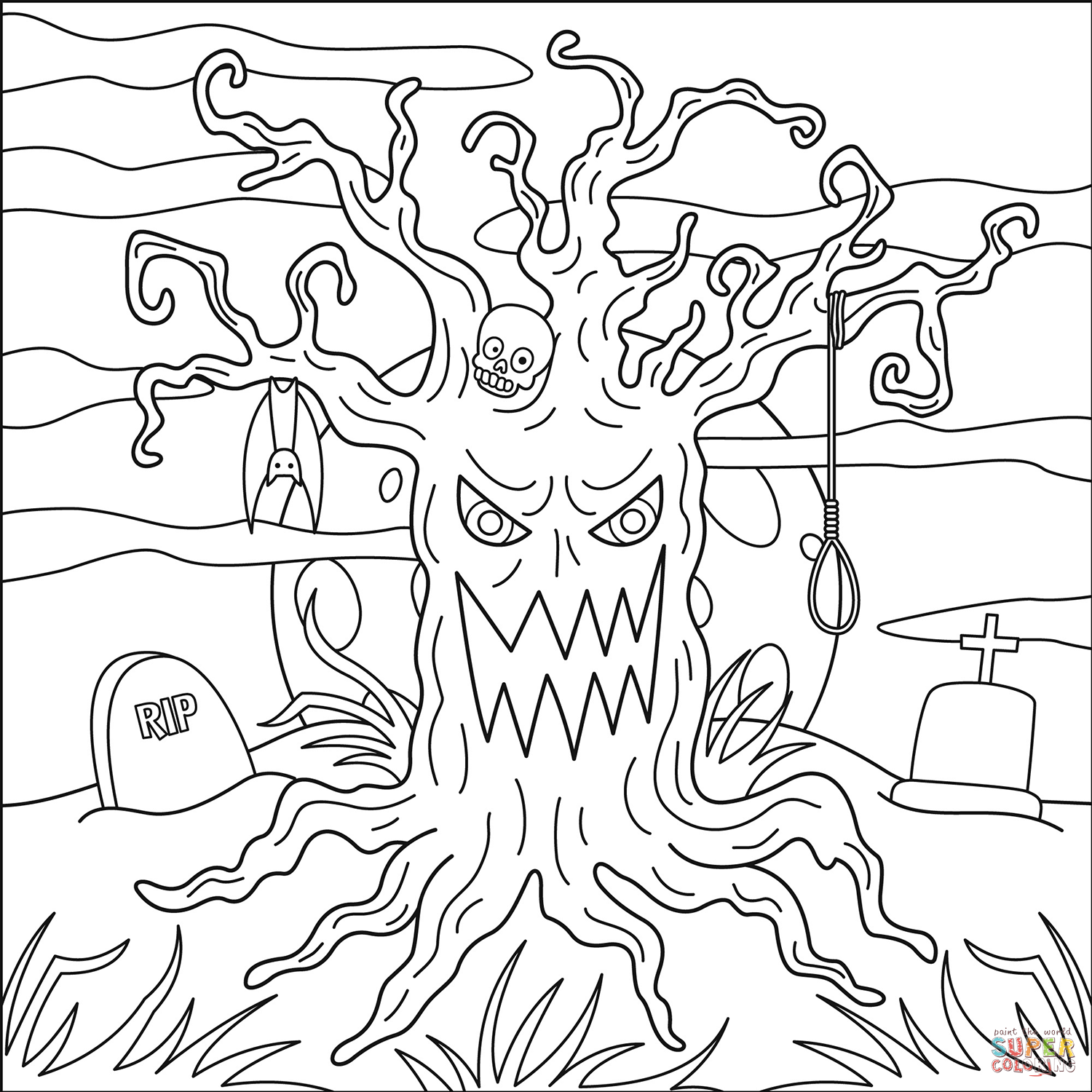 Haunted tree coloring page free printable coloring pages