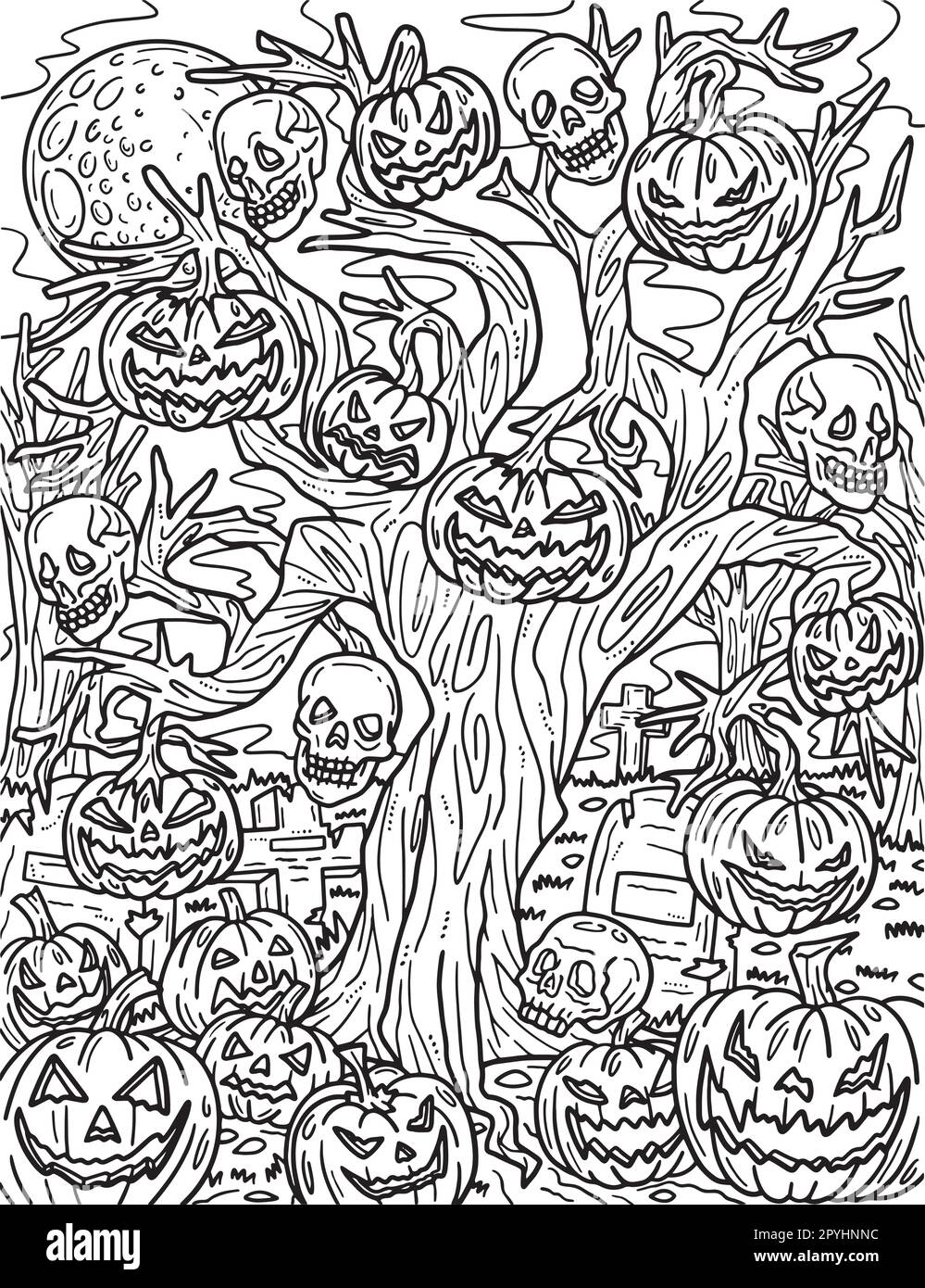 Halloween haunted tree coloring page for adults stock vector image art