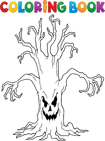 Coloring book spooky tree thematics stock illustration