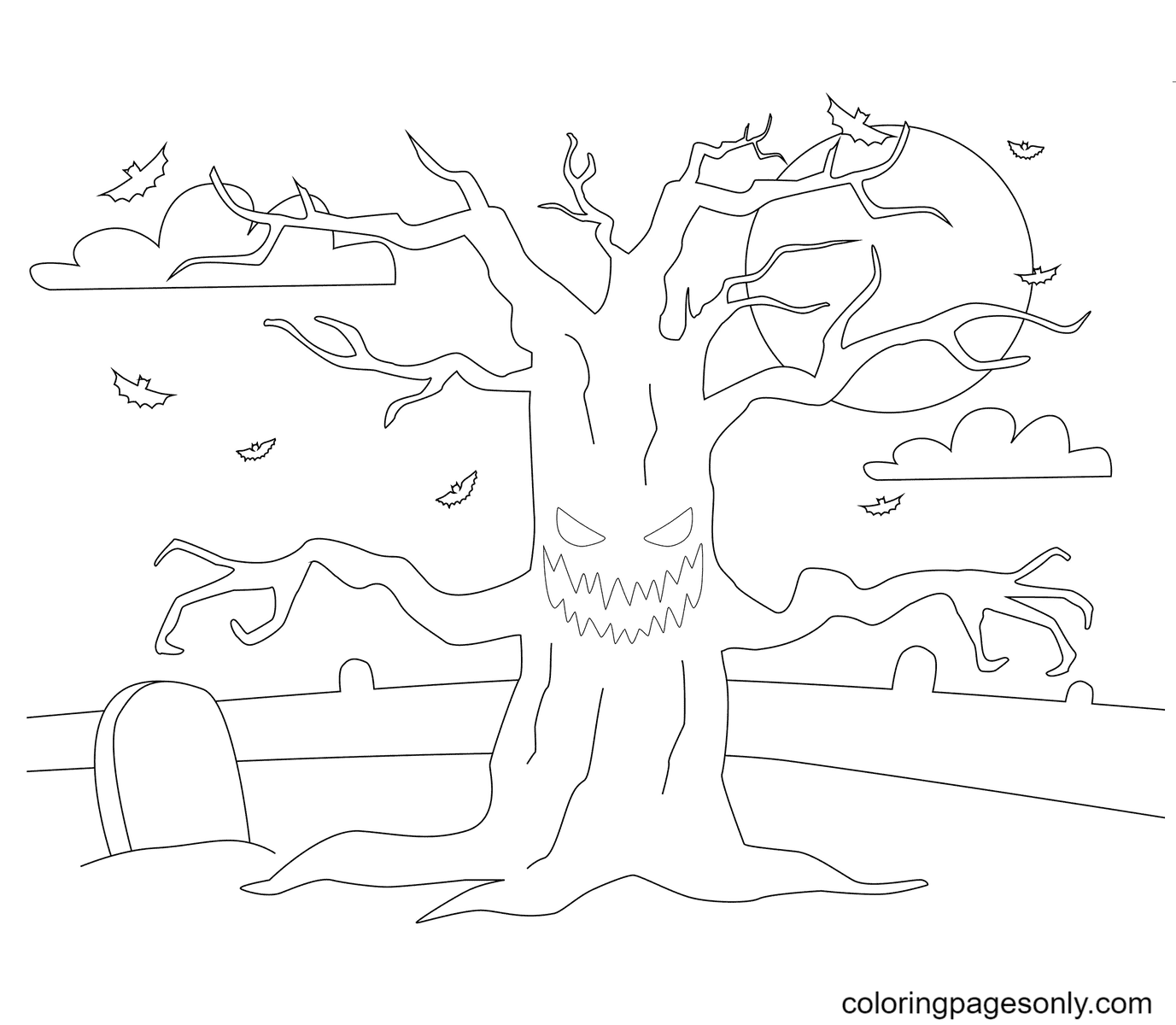 Haunted tree coloring page