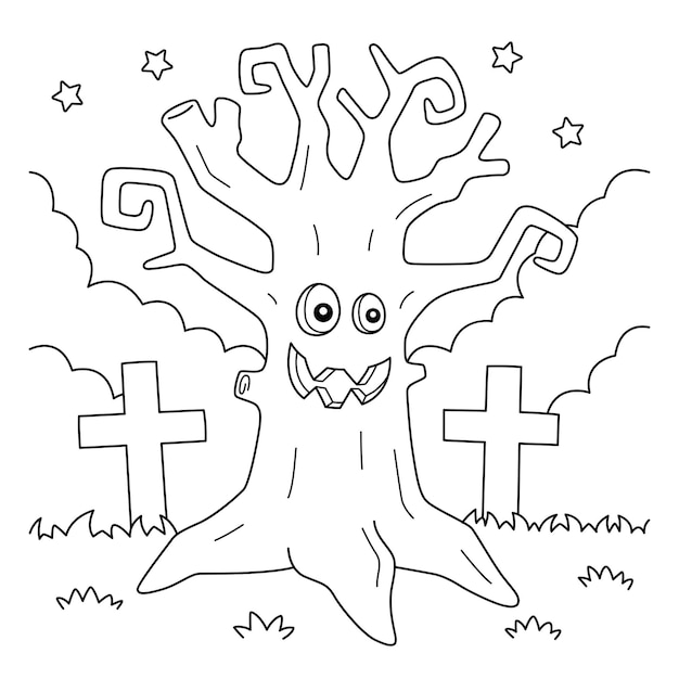 Premium vector scary tree halloween coloring page for kids