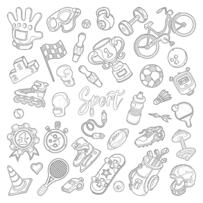 Printable set of sport doodles coloring page