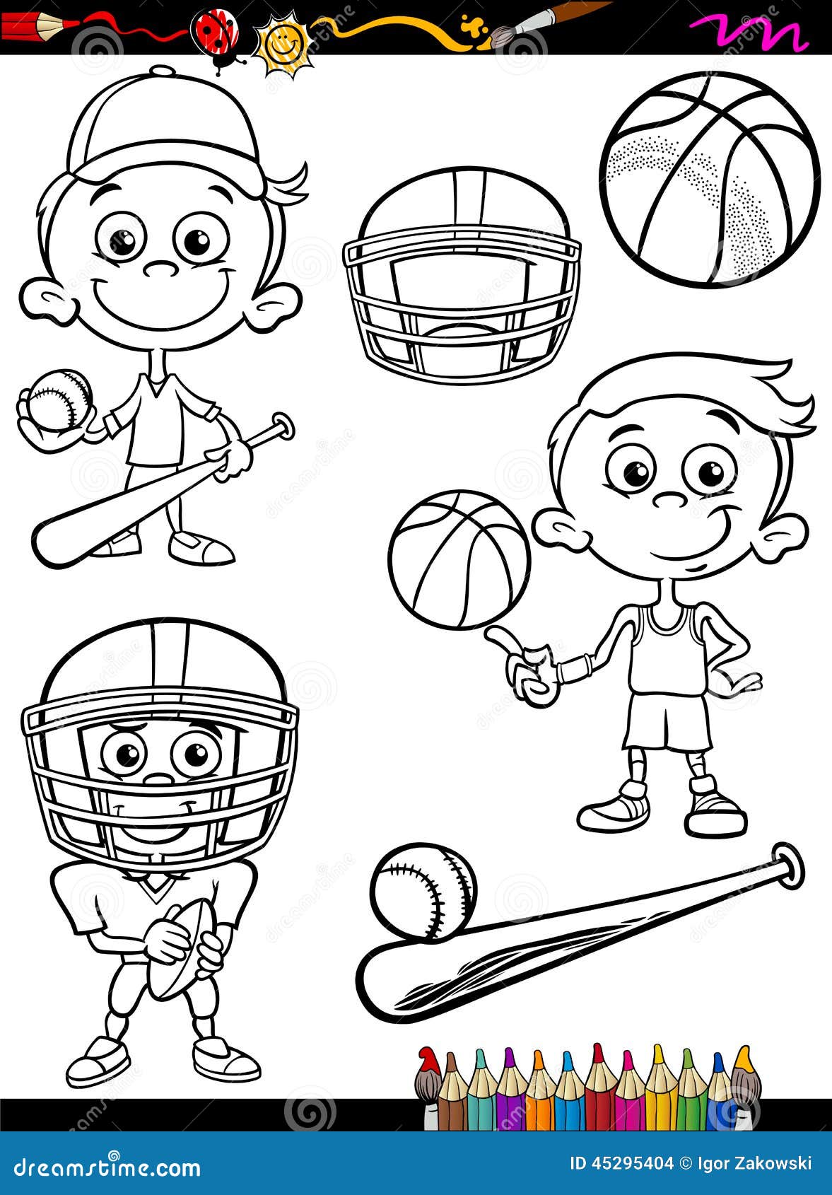 Sport boy set cartoon coloring page stock vector